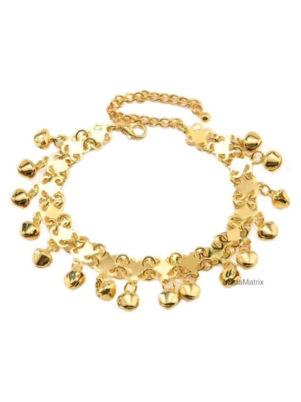 Gold-Tone Plated Anklet with Jingling Bells, Tassels, Adjustable Chain